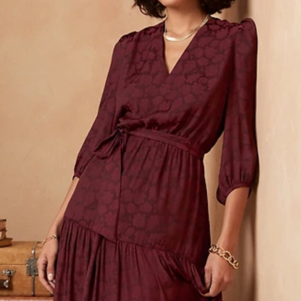 NWT! GREEN Puff-Sleeve Satin Jacquard Midi Dress
